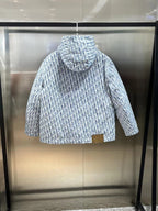 Blue and white patterned hooded long jacket back view with gathered hood and zip front