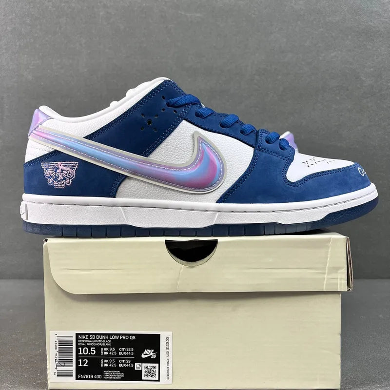 Blue-and-white low-top sneakers with iridescent swoosh stripe and lace-up upper