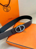 Hermes belt, dark leather with double H buckle and contrast white edge stitching
