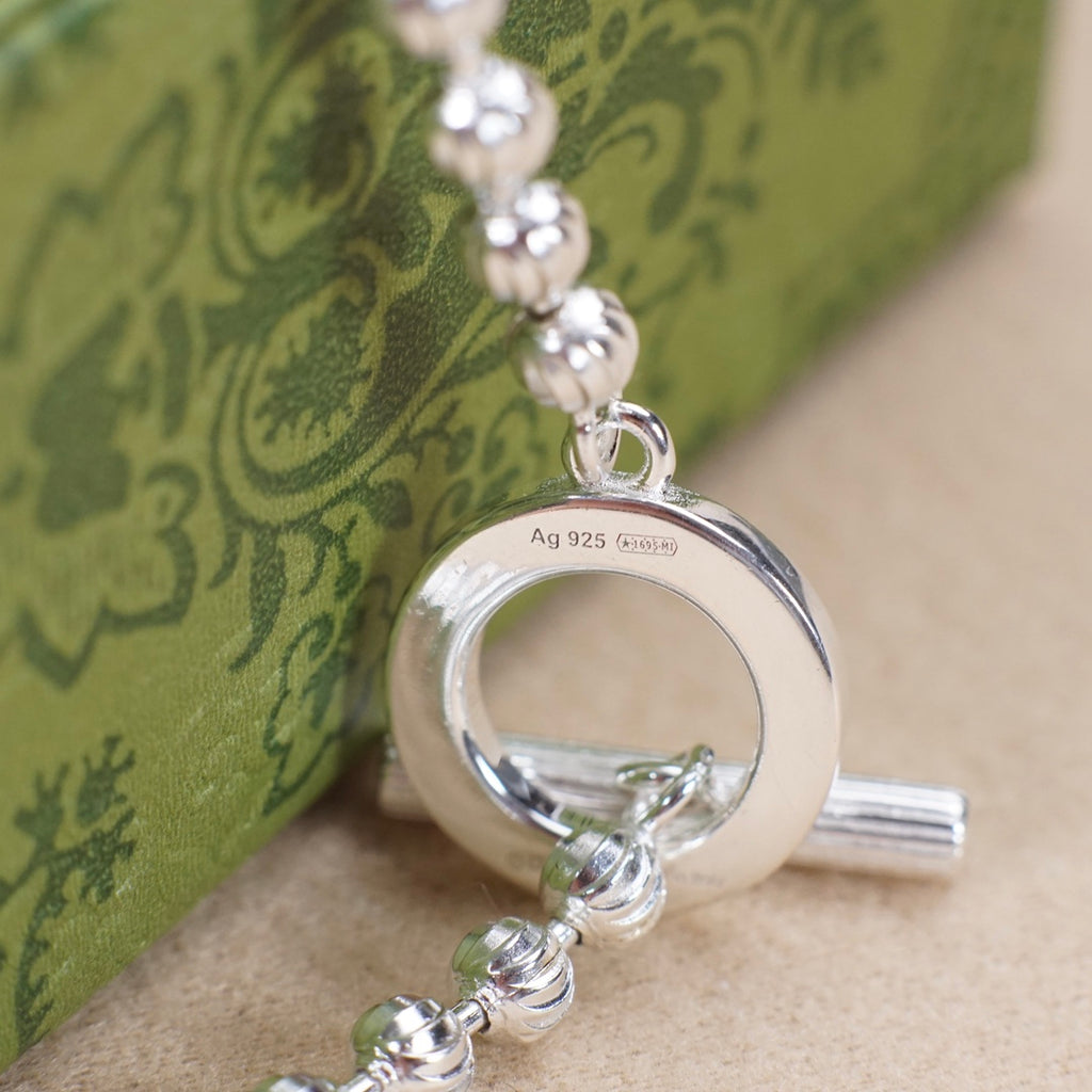 Ag 925 silver-tone ring pendant with bead chain and bar charm