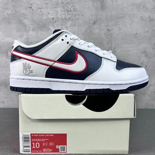 Nike SB Dunk Low sneakers, white leather and navy panels with red swoosh