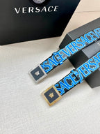 Versace logo belt pair view, blue lettering strap with gold buckle and Medusa.