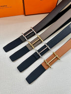 Hermes belts set, dark leather straps with silver- and gold-tone double-bar buckles