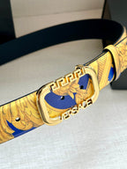 Versace belt detail view: blue-and-gold patterned strap with gold-tone buckle.