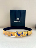 Versace belt with blue and gold baroque pattern, gold-tone buckle, medium width.
