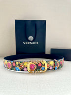 Versace belt with multicolor medallion print and gold-tone buckle on a dark strap