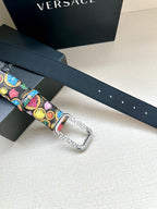 Versace belt strap detail with multicolor print and square buckle with silver-tone finish