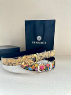 Versace belt with gold-tone patterned center and multicolor medallion strap