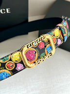Versace belt close-up with multicolor logo-medallion print and gold-tone buckle