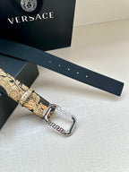 Versace belt on dark band with gold baroque strap and silver buckle