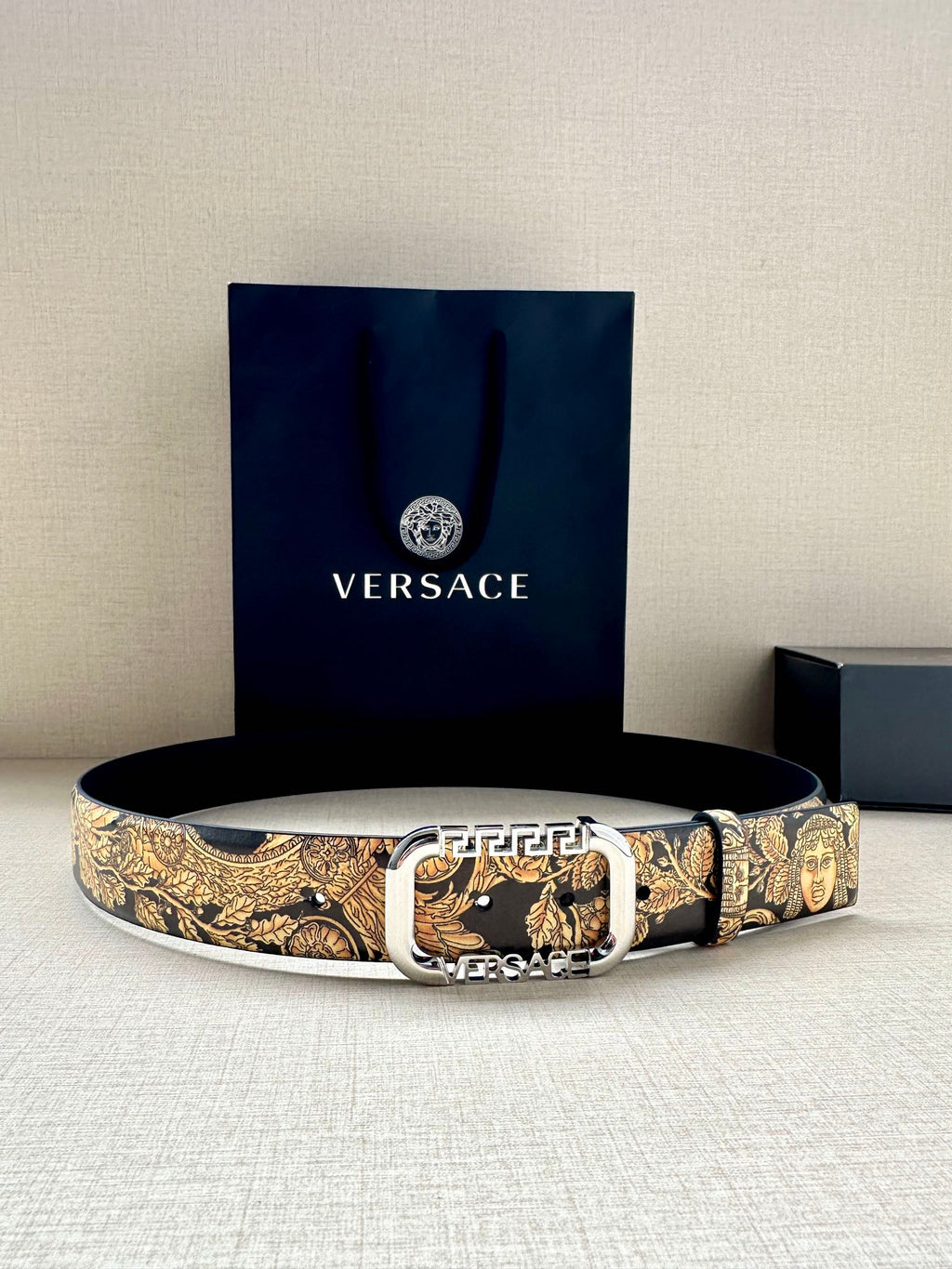 Versace belt with gold-toned baroque print and silver-tone buckle