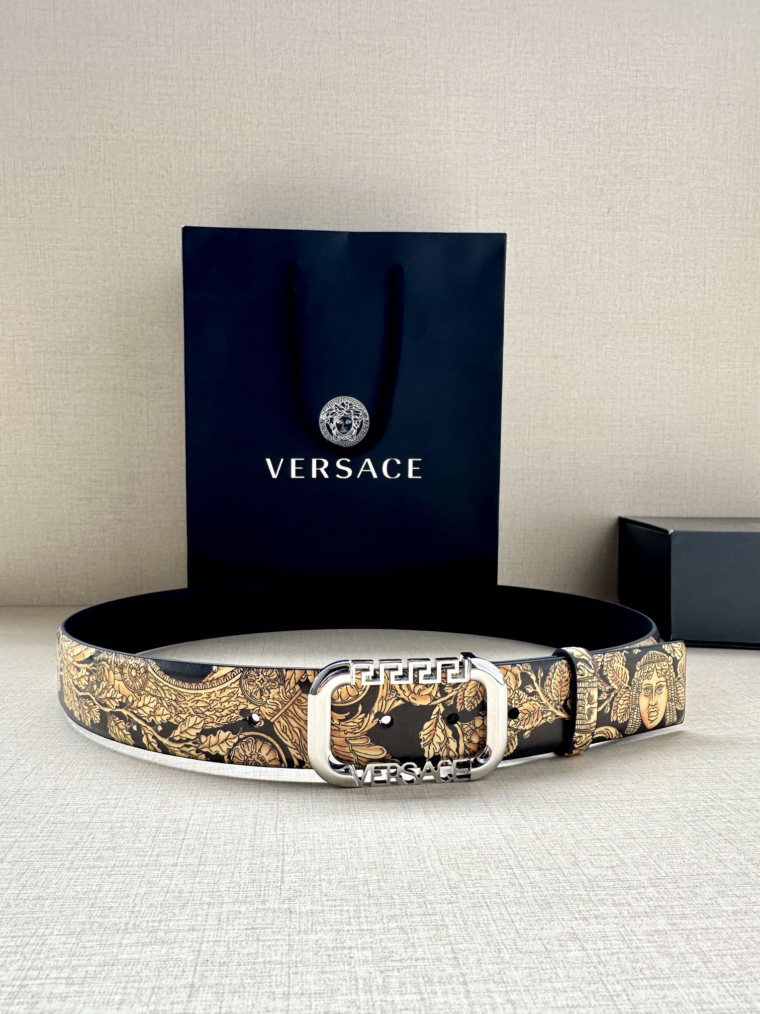 Versace belt with gold-toned baroque print and silver-tone buckle