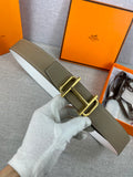 Hermes belt with olive leather strap and gold-tone rectangular buckle