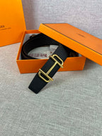 Hermes belt with dark textured leather and gold-tone double-prong buckle