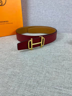 Burgundy leather belt with gold-tone buckle and keeper loop
