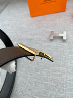 Hermes belt buckle close-up with gold-tone bar and dark strap