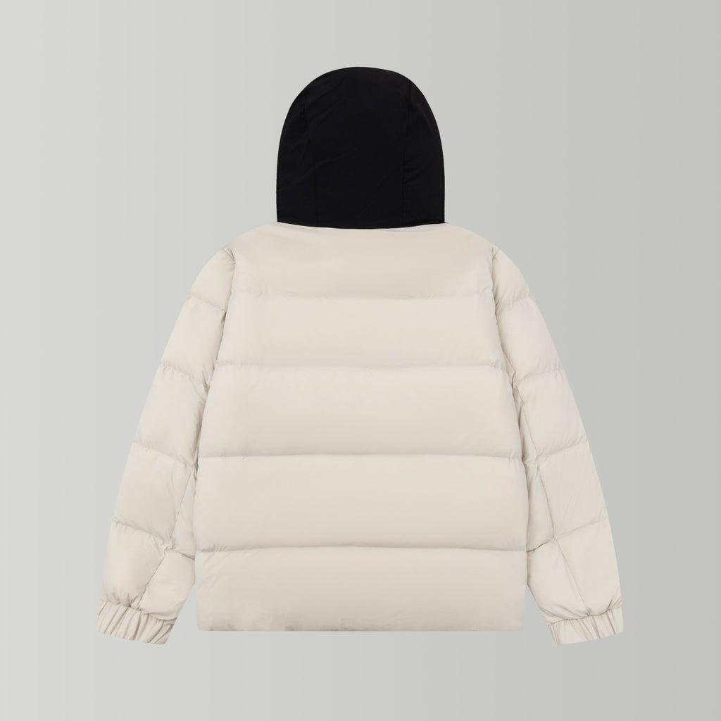Long puffer jacket with hood, cream back with quilted panels and black hood.