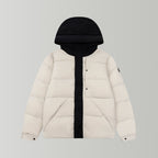 Long puffer jacket with hood, cream body and black front placket and hood lining.