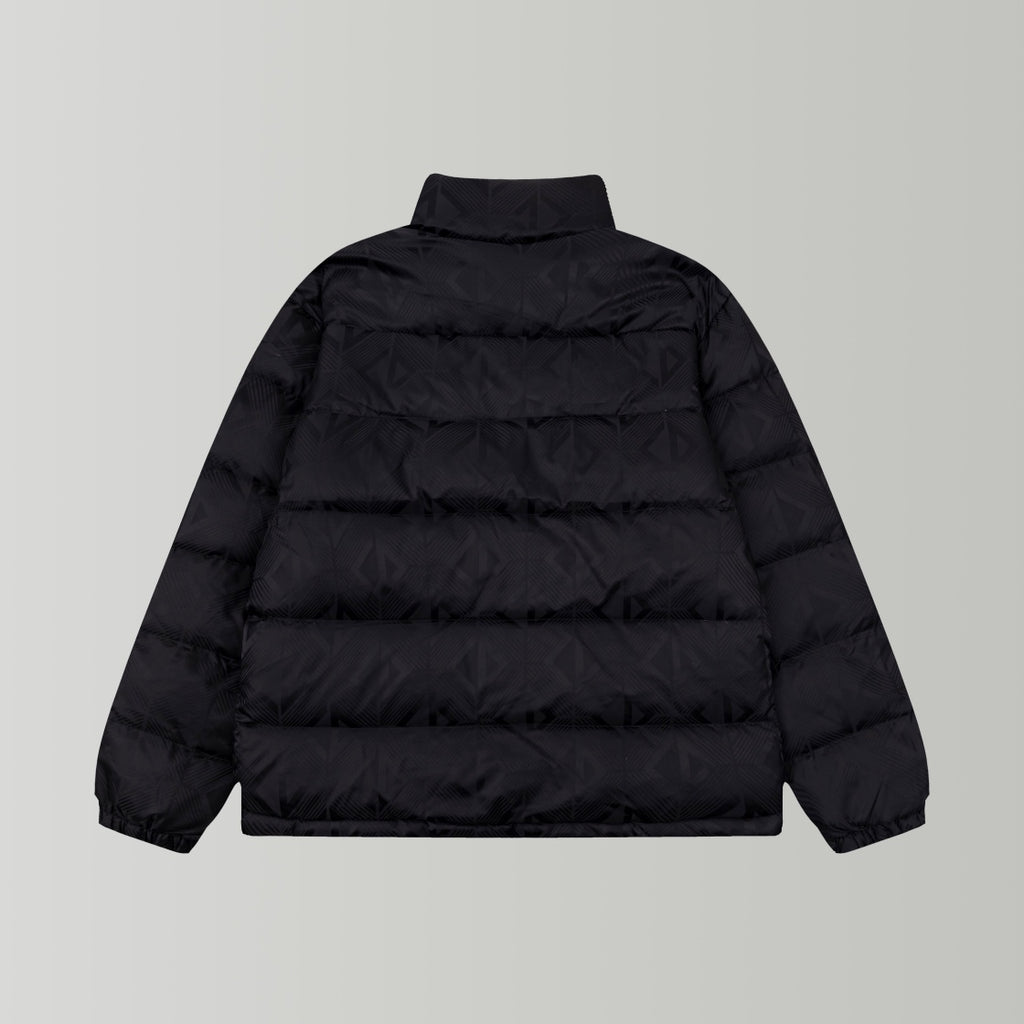 Black long puffer jacket back view with stand collar and elastic cuffs.