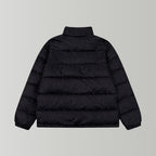 Black long puffer jacket back view with stand collar and elastic cuffs.