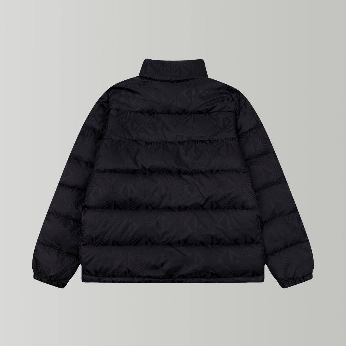 Black long puffer jacket back view with stand collar and elastic cuffs.