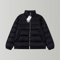 Black long puffer jacket with full front zipper and stand collar.