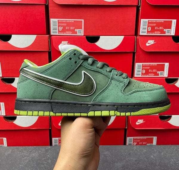 Green suede low-top sneaker profile with black midsole and lime outsole stripe