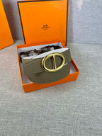 Olive leather belt with gold-tone double-ring buckle