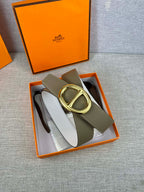 Olive leather belt with gold-tone double-ring buckle