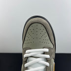 Grey suede sneaker toe with perforations and white lace-up front