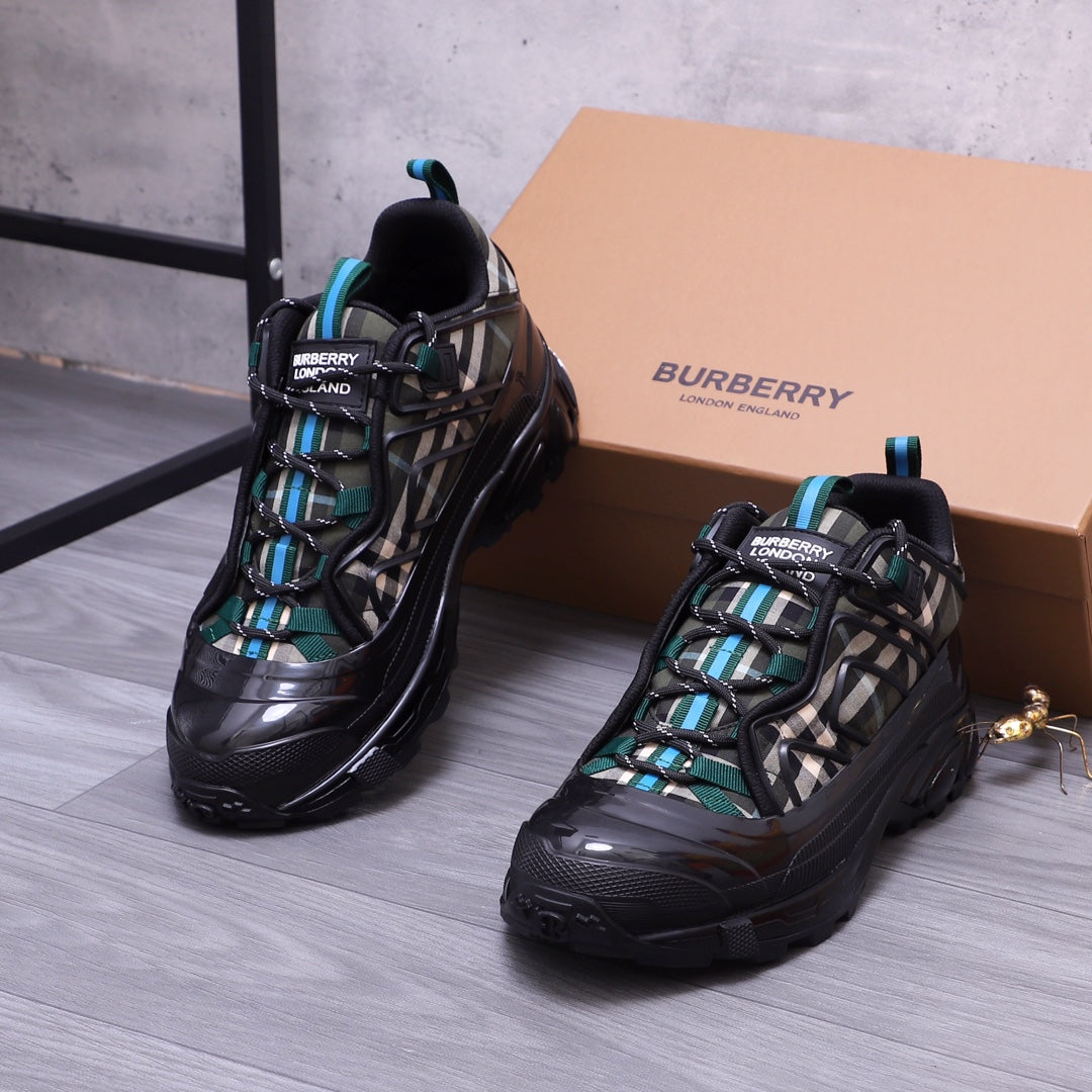 Burberry chunky sneakers, black with teal accents and check laces, pair view