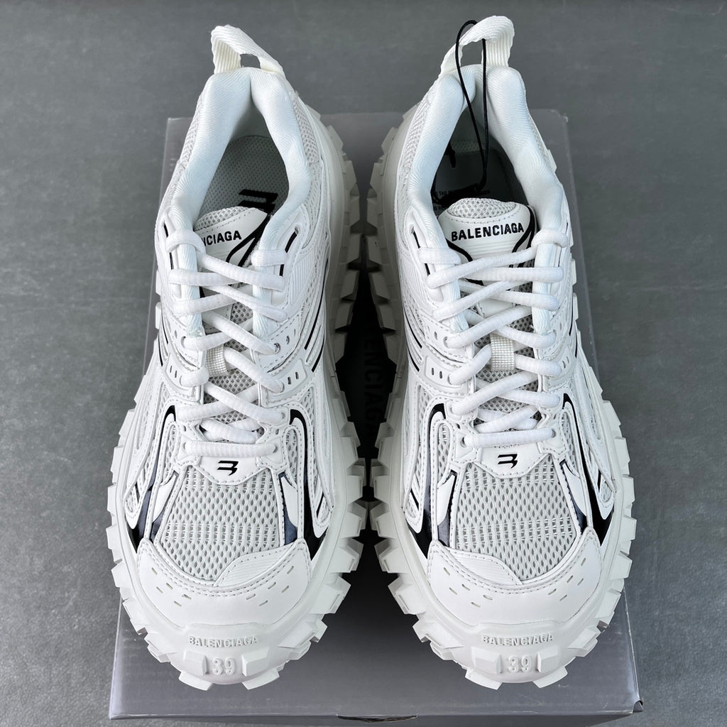 Balenciaga unisex white sneakers back view with BALENCIAGA branding on heel