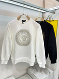 White crewneck sweatshirt with gold medallion logo on front