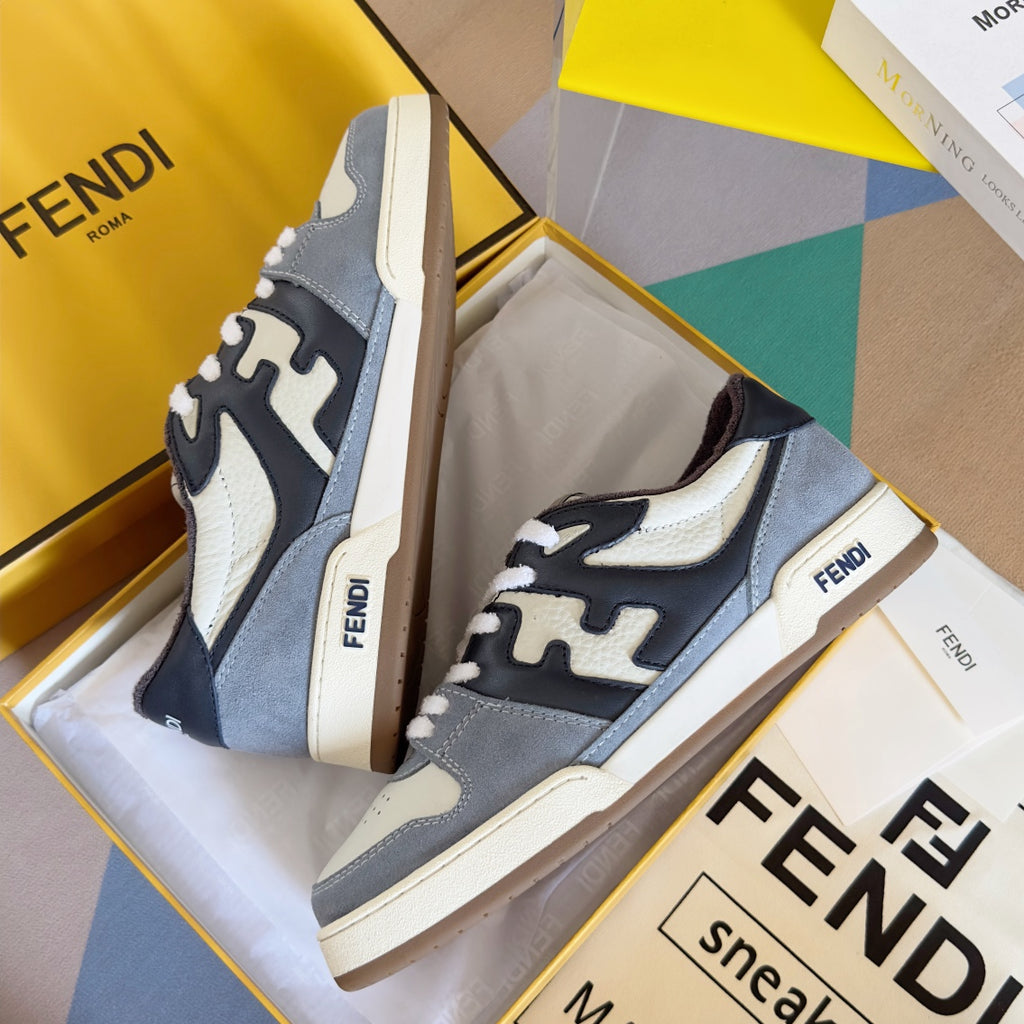 Fendi unisex high-contrast sneakers, light gray and white uppers with navy panels