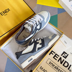 Fendi unisex lace-up sneakers in light gray, white, and dark navy with logo detail