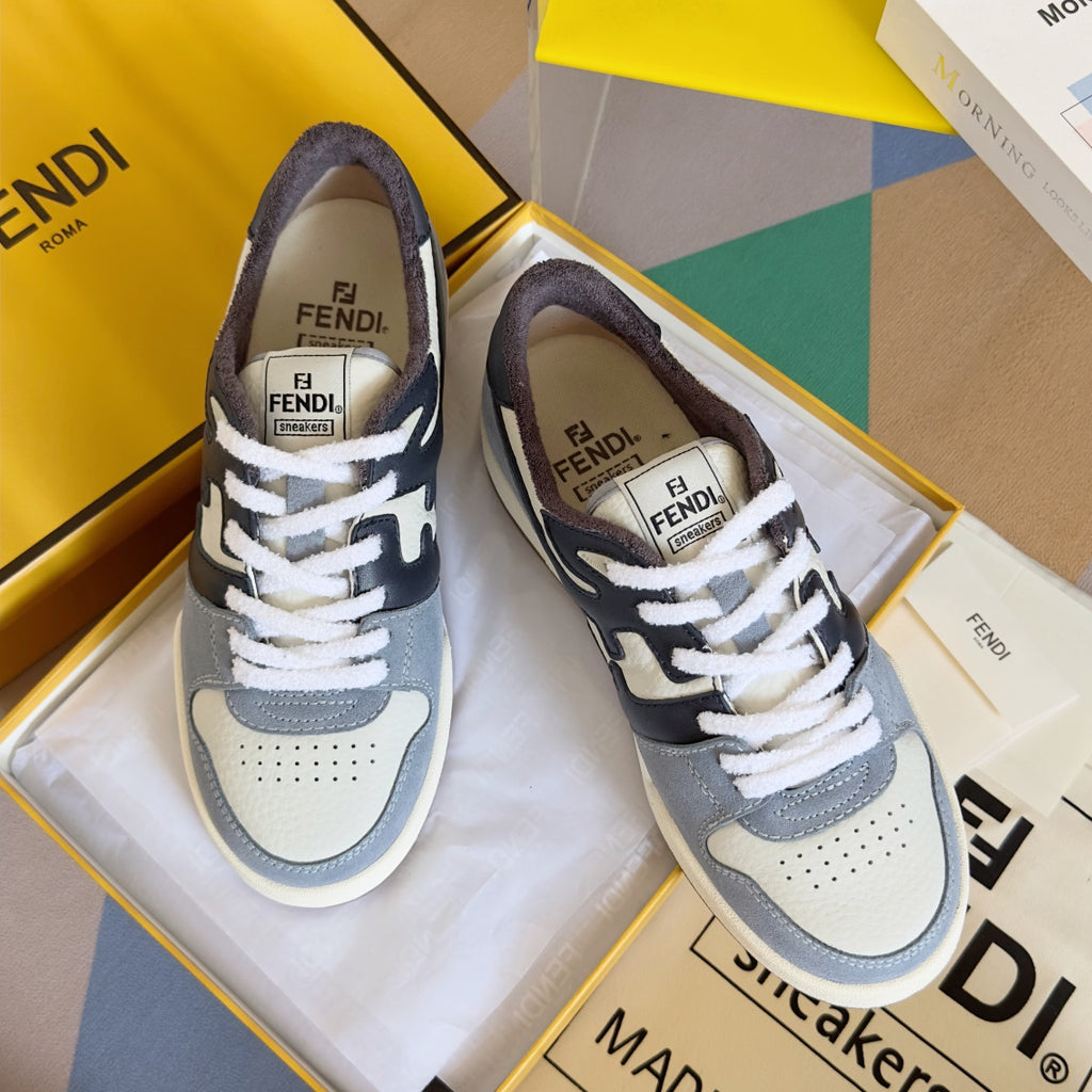 Fendi unisex sneakers in light gray, white, and dark navy with lace-up front logos