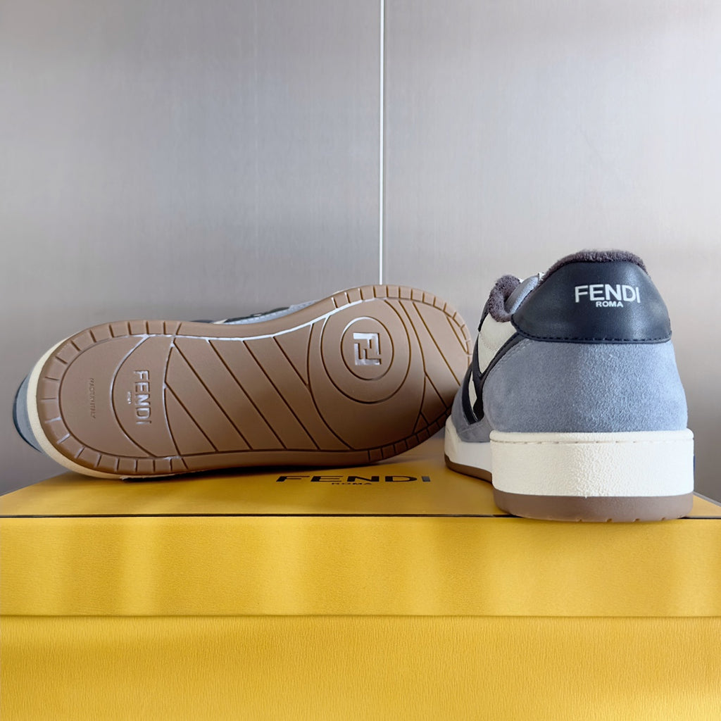 Fendi unisex sneakers back view with dark navy heel and gum-look outsole tread
