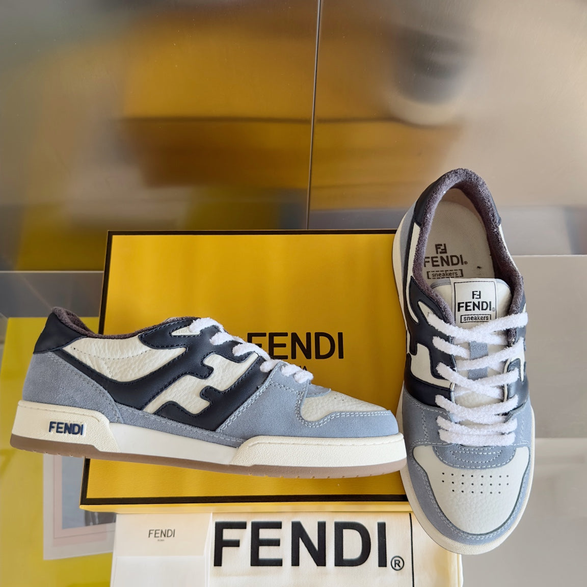 Fendi unisex low-top sneakers, light gray with white and dark navy side panels