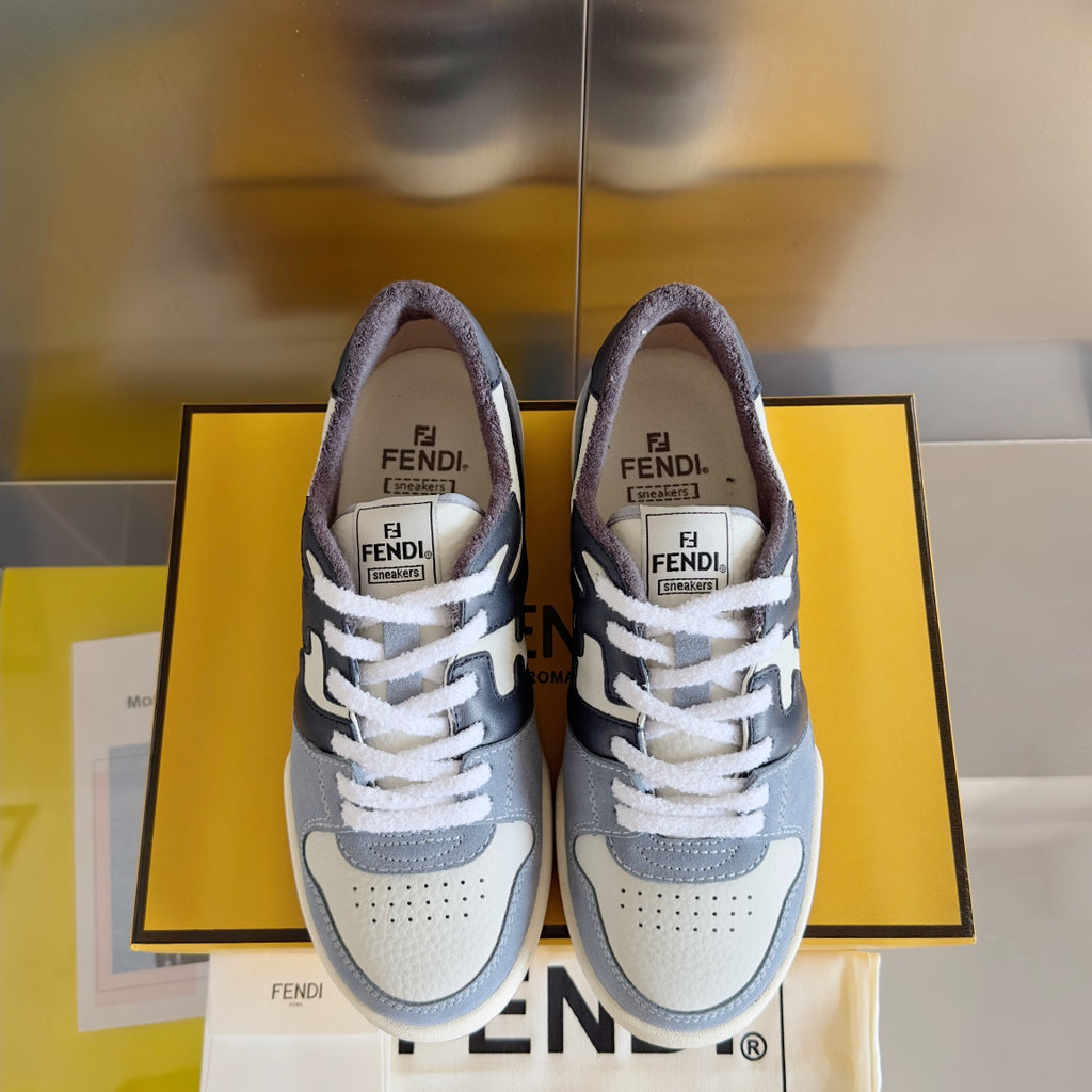 Fendi unisex sneakers front view, light gray and white with dark navy lace-up panels