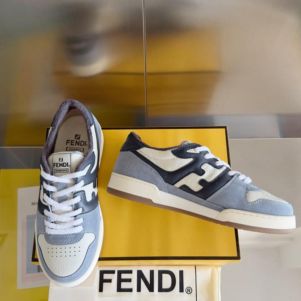 Fendi unisex sneakers, light gray and white with dark navy overlays and low-profile sole