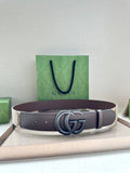 Gucci belt with dark gray leather strap and silver-tone double G buckle
