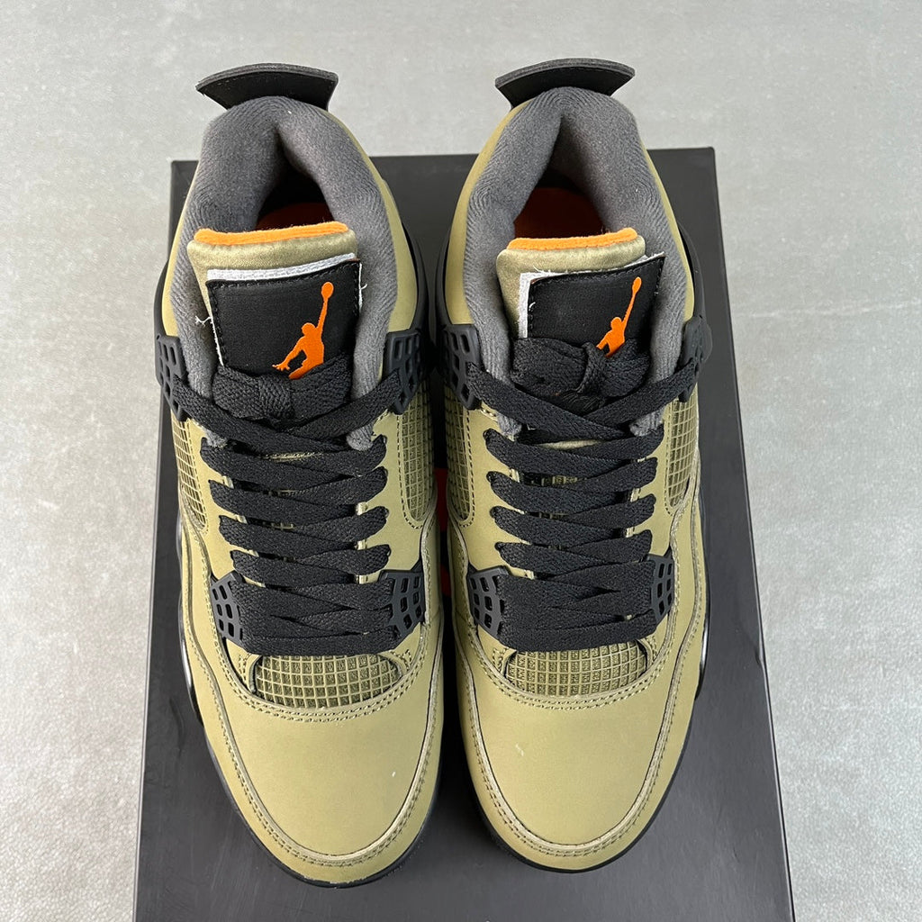 Air Jordan 4 sneakers, heel view in olive with black laces and orange logo tag