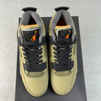Air Jordan 4 sneakers, heel view in olive with black laces and orange logo tag