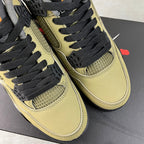 Air Jordan 4 sneakers, toe and lacing area in olive leather with dark gray accents