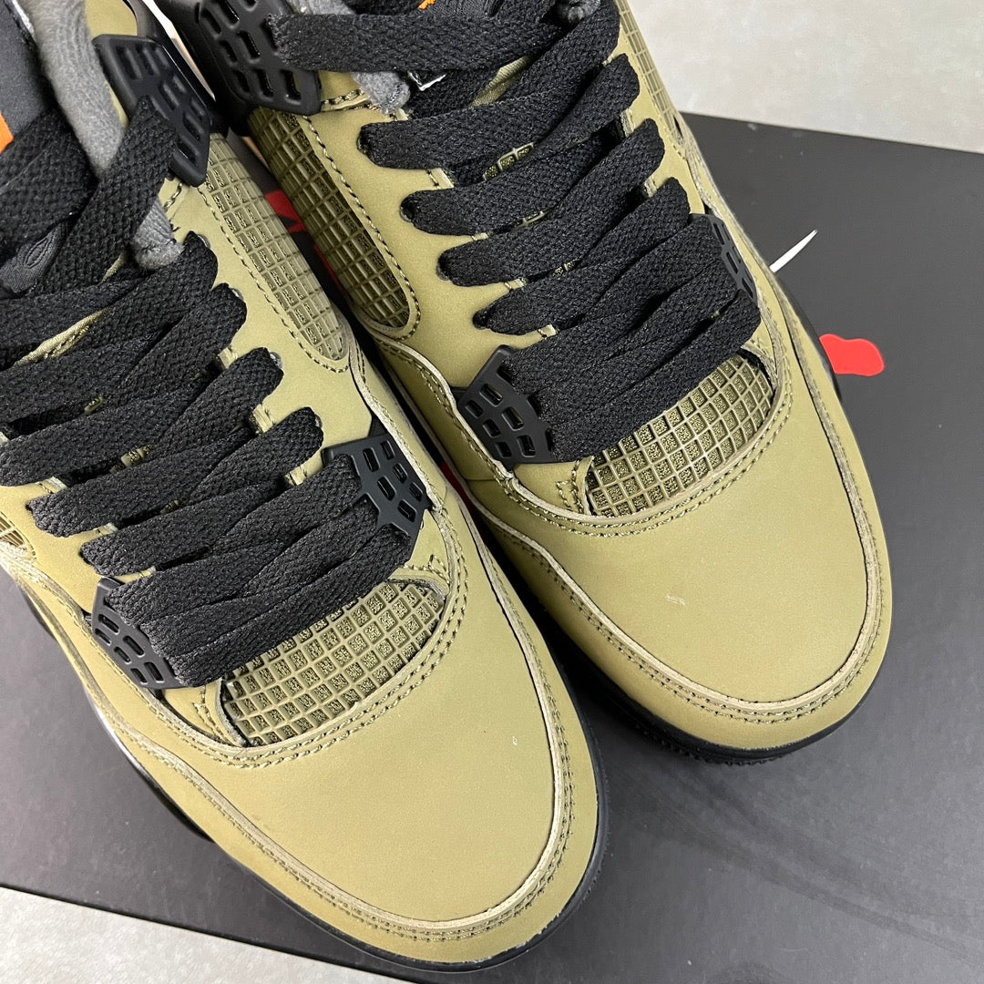Air Jordan 4 sneakers, toe and lacing area in olive leather with dark gray accents
