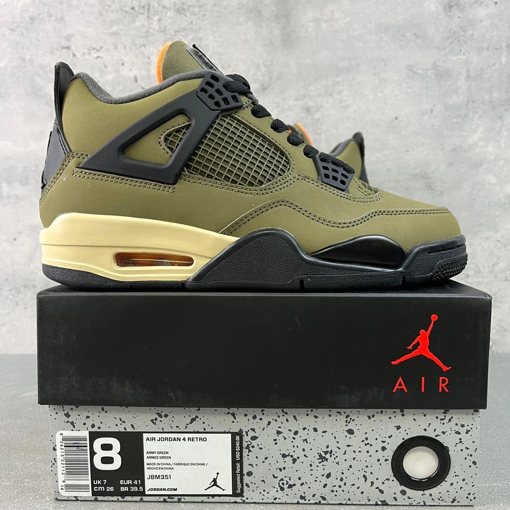 Air Jordan 4 sneakers in olive and dark gray with black net panels and orange accents
