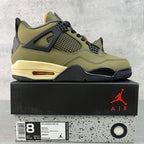 Air Jordan 4 sneakers in olive and dark gray with black net panels and orange accents