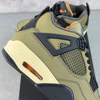 Air Jordan 4 sneaker with olive leather, dark gray overlays, and visible air unit on side