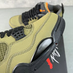 Air Jordan 4 sneaker side view in olive with dark gray mesh and black lace panel