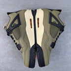 Air Jordan 4 sneakers, top view with split midsole and olive uppers with dark overlays